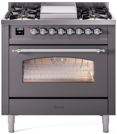 ILVE Nostalgie II 36" Dual Fuel Liquid Propane Range, Matte Graphite, Chrome Trim UP36FNMPMGCLP ILVE