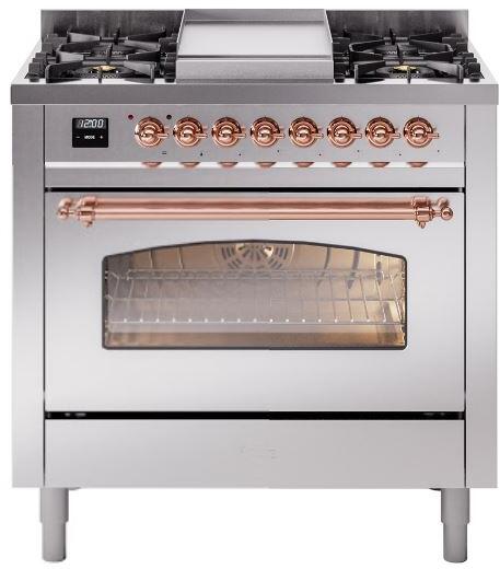 ILVE Nostalgie II 36" Dual Fuel Liquid Propane Range, Stainless Steel, Copper Trim UP36FNMPSSPLP ILVE