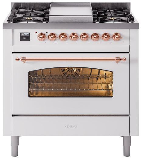 ILVE Nostalgie II 36" Dual Fuel Liquid Propane Range, White, Copper Trim UP36FNMPWHPLP ILVE