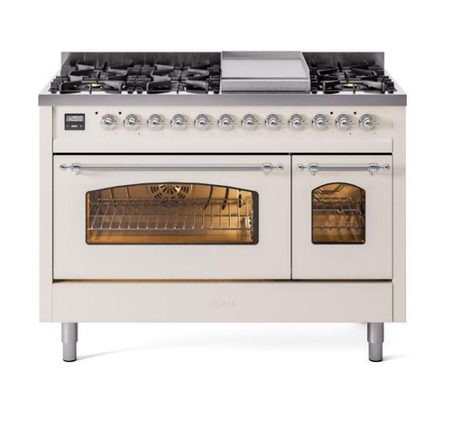 ILVE Nostalgie II 48" Dual Fuel Liquid Propane Range, Antique White, Chrome Trim UP48FNMPAWCLP ILVE