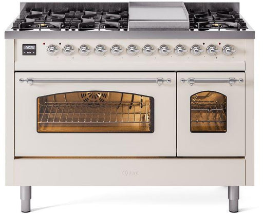 ILVE Nostalgie II 48" Dual Fuel Natural Gas Range, Antique White, Chrome Trim UP48FNMPAWC ILVE