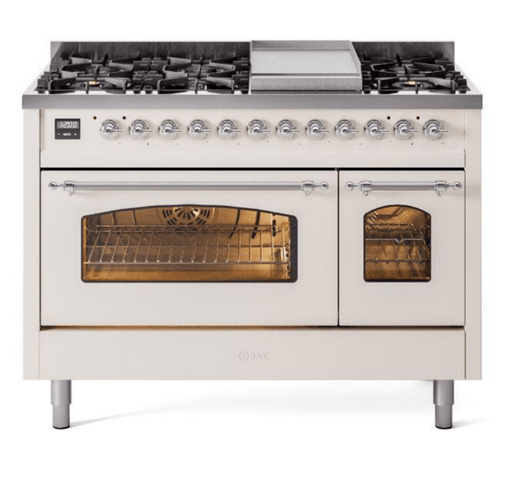 ILVE Nostalgie II 48" Dual Fuel Natural Gas Range, Antique White, Chrome Trim UP48FNMPAWC ILVE