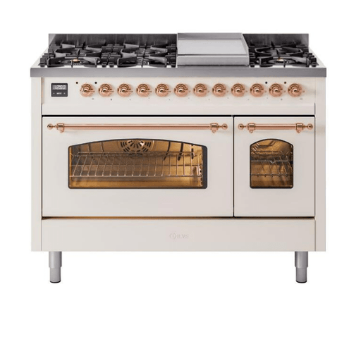 ILVE Nostalgie II 48" Dual Fuel Natural Gas Range, Antique White, Copper Trim UP48FNMPAWP ILVE