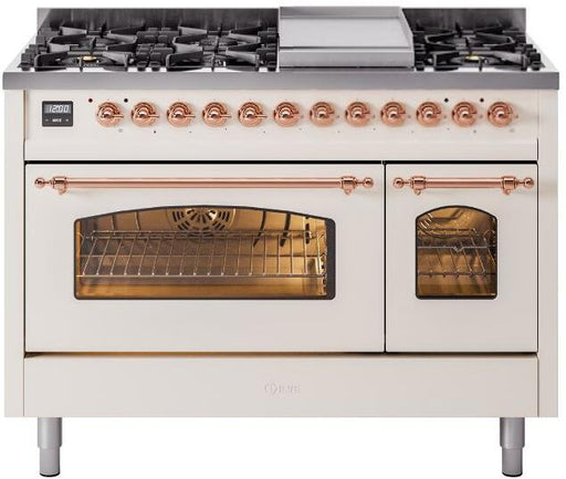 ILVE Nostalgie II 48" Dual Fuel Natural Gas Range, Antique White, Copper Trim UP48FNMPAWP ILVE