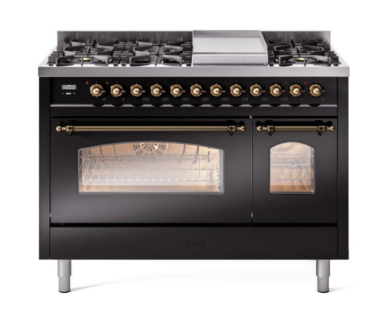 ILVE Nostalgie II 48" Dual Fuel Liquid Propane Range, Glossy Black, Bronze Trim UP48FNMPBKBLP ILVE