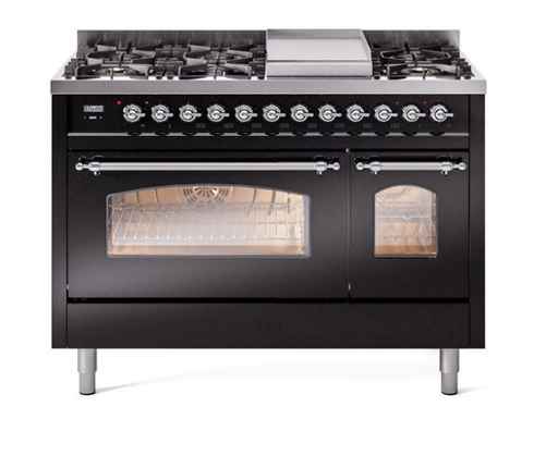 ILVE Nostalgie II 48" Dual Fuel Liquid Propane Range, Glossy Black, Chrome Trim UP48FNMPBKCLP ILVE