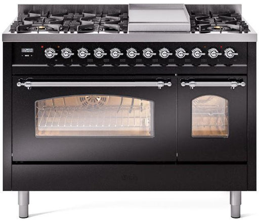 ILVE Nostalgie II 48" Dual Fuel Liquid Propane Range, Glossy Black, Chrome Trim UP48FNMPBKCLP ILVE