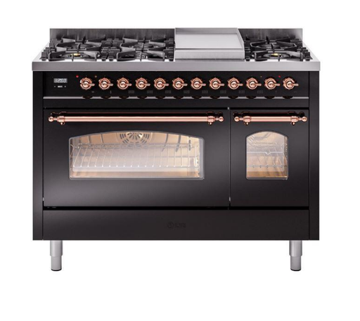 ILVE Nostalgie II 48" Dual Fuel Liquid Propane Range, Glossy Black, Copper Trim UP48FNMPBKPLP ILVE