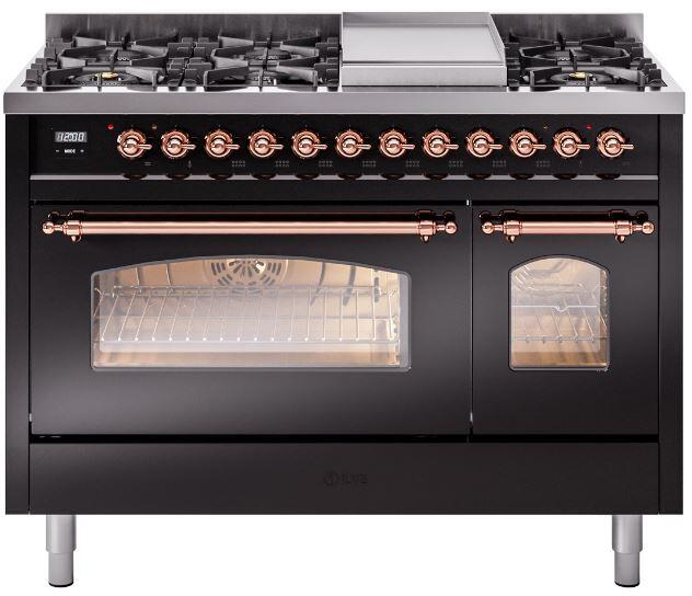 ILVE Nostalgie II 48" Dual Fuel Liquid Propane Range, Glossy Black, Copper Trim UP48FNMPBKPLP ILVE