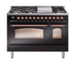 ILVE Nostalgie II 48" Dual Fuel Liquid Propane Range, Glossy Black, Copper Trim UP48FNMPBKPLP ILVE