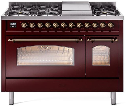 ILVE Nostalgie II 48" Dual Fuel Liquid Propane Range, Burgundy, Bronze Trim ILVE UP48FNMPBUBLP ILVE