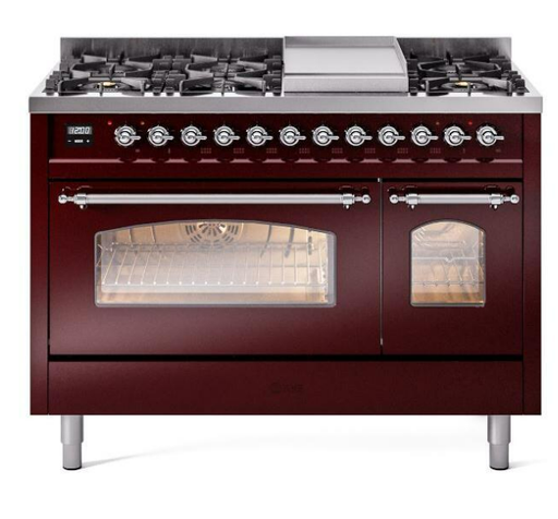 ILVE Nostalgie II 48" Dual Fuel Liquid Propane Range, Burgundy, Chrome Trim ILVE UP48FNMPBUCLP ILVE