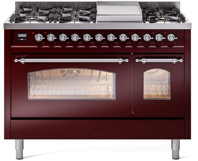 ILVE Nostalgie II 48" Dual Fuel Liquid Propane Range, Burgundy, Chrome Trim ILVE UP48FNMPBUCLP ILVE