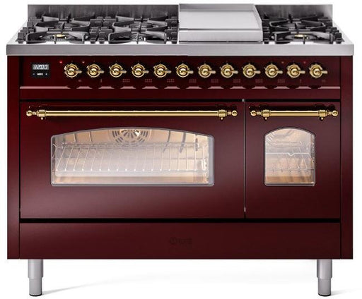 ILVE Nostalgie II 48" Dual Fuel Liquid Propane Range, Burgundy, Brass Trim ILVE UP48FNMPBUGLP ILVE