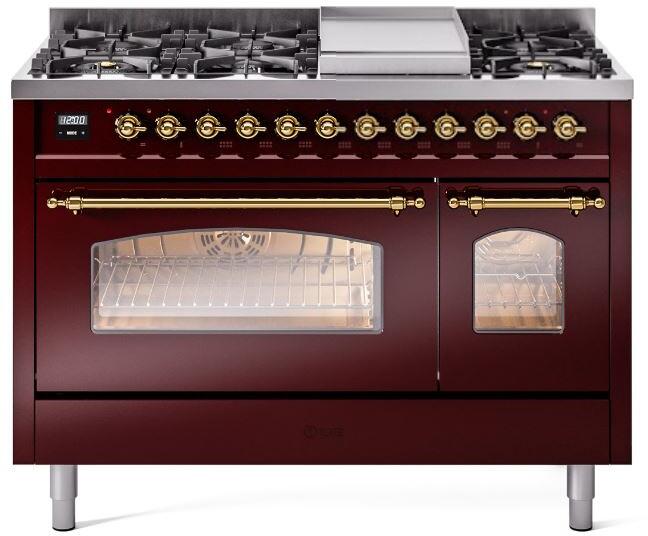 ILVE Nostalgie II 48" Dual Fuel Liquid Propane Range, Burgundy, Brass Trim ILVE UP48FNMPBUGLP ILVE