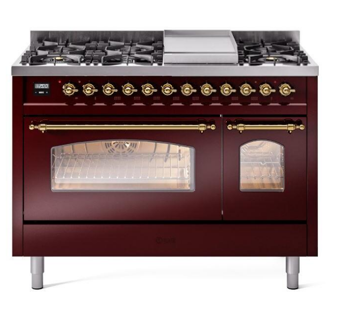 ILVE Nostalgie II 48" Dual Fuel Liquid Propane Range, Burgundy, Brass Trim ILVE UP48FNMPBUGLP ILVE