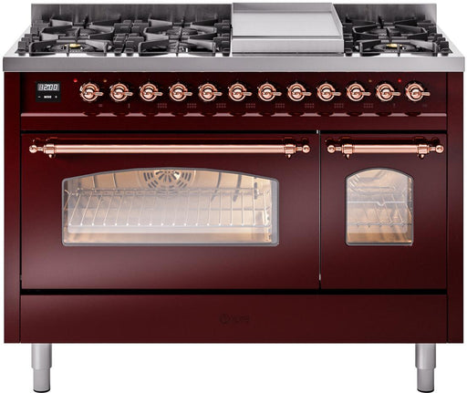 ILVE Nostalgie II 48" Dual Fuel Liquid Propane Range, Burgundy, Copper Trim ILVE UP48FNMPBUPLP ILVE