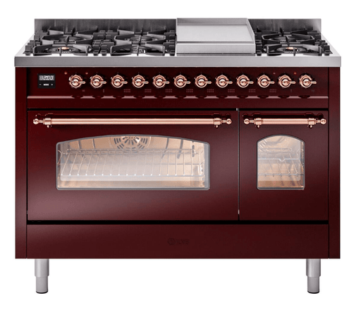 ILVE Nostalgie II 48" Dual Fuel Natural Gas Range, Burgundy, Copper Trim ILVE UP48FNMPBUP ILVE