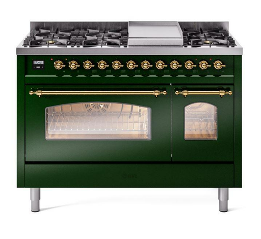 ILVE Nostalgie II 48" Dual Fuel Liquid Propane Range, Emerald Green, Brass Trim ILVE UP48FNMPEGGLP ILVE