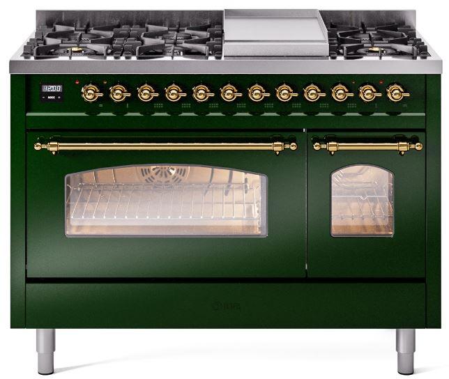 ILVE Nostalgie II 48" Dual Fuel Liquid Propane Range, Emerald Green, Brass Trim ILVE UP48FNMPEGGLP ILVE