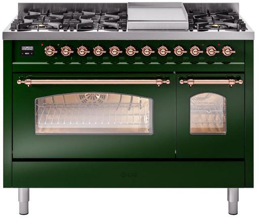 ILVE Nostalgie II 48" Dual Fuel Natural Gas Range, Emerald Green, Copper Trim UP48FNMPEGP ILVE