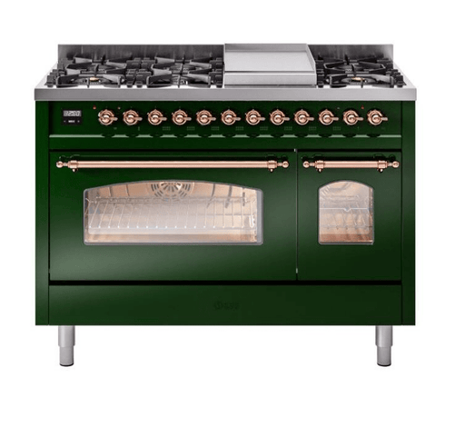 ILVE Nostalgie II 48" Dual Fuel Natural Gas Range, Emerald Green, Copper Trim UP48FNMPEGP ILVE