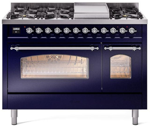 ILVE Nostalgie II 48" Dual Fuel Liquid Propane Range, Blue, Chrome Trim UP48FNMPMBCLP ILVE