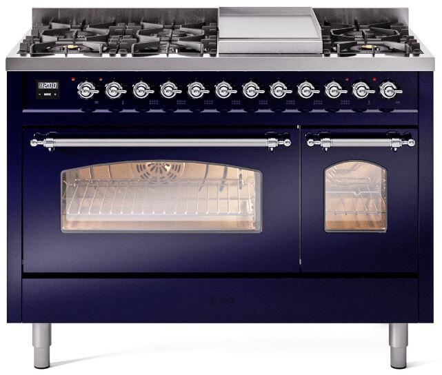 ILVE Nostalgie II 48" Dual Fuel Liquid Propane Range, Blue, Chrome Trim UP48FNMPMBCLP ILVE