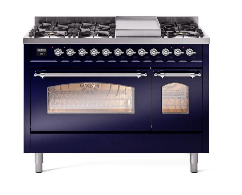 ILVE Nostalgie II 48" Dual Fuel Liquid Propane Range, Blue, Chrome Trim UP48FNMPMBCLP ILVE