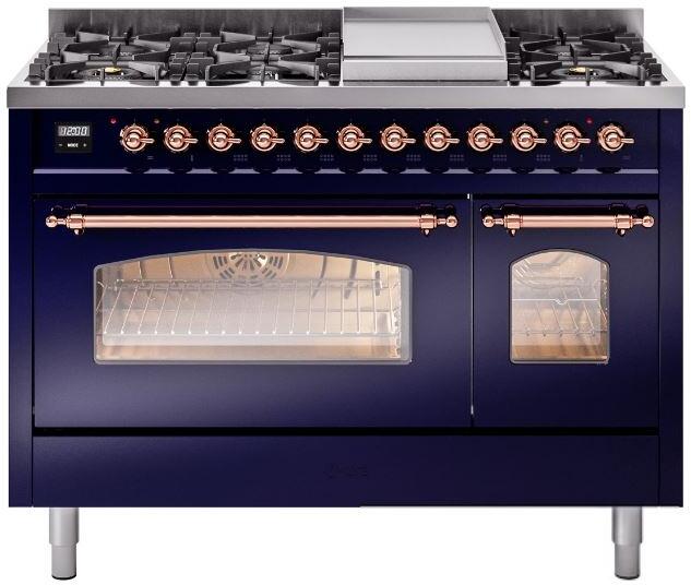 ILVE Nostalgie II 48" Dual Fuel Liquid Propane Range, Blue, Copper Trim UP48FNMPMBPLP ILVE