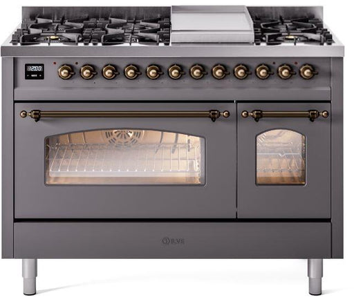 ILVE Nostalgie II 48" Dual Fuel Liquid Propane Range, Matte Graphite, Bronze Trim UP48FNMPMGBLP ILVE