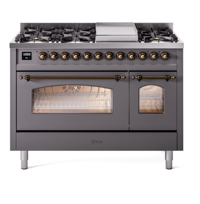 ILVE Nostalgie II 48" Dual Fuel Liquid Propane Range, Matte Graphite, Bronze Trim UP48FNMPMGBLP ILVE