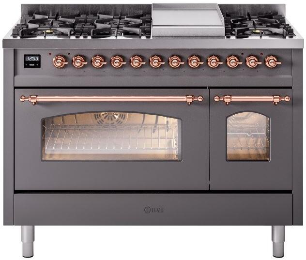 ILVE Nostalgie II 48" Dual Fuel Liquid Propane Range, Matte Graphite, Copper Trim ILVE UP48FNMPMGPLP ILVE