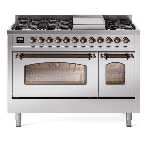 ILVE Nostalgie II 48" Dual Fuel Liquid Propane Range, Stainless Steel, Bronze Trim UP48FNMPSSBLP ILVE