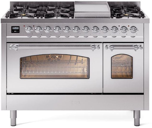 ILVE Nostalgie II 48" Dual Fuel Liquid Propane Range, Stainless Steel, Chrome Trim UP48FNMPSSCLP ILVE