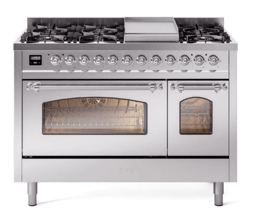 ILVE Nostalgie II 48" Dual Fuel Liquid Propane Range, Stainless Steel, Chrome Trim UP48FNMPSSCLP ILVE
