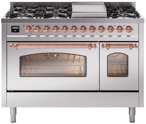 ILVE Nostalgie II 48" Dual Fuel Liquid Propane Range, Stainless Steel, Copper Trim UP48FNMPSSPLP ILVE
