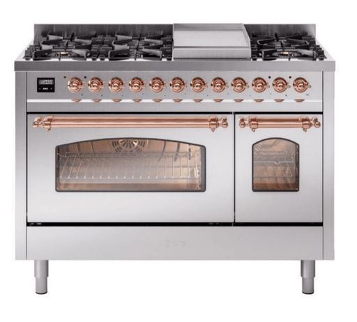 ILVE Nostalgie II 48" Dual Fuel Liquid Propane Range, Stainless Steel, Copper Trim UP48FNMPSSPLP ILVE