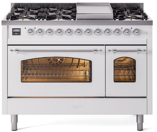 ILVE Nostalgie II 48" Dual Fuel Liquid Propane Range, White, Chrome Trim UP48FNMPWHCLP ILVE