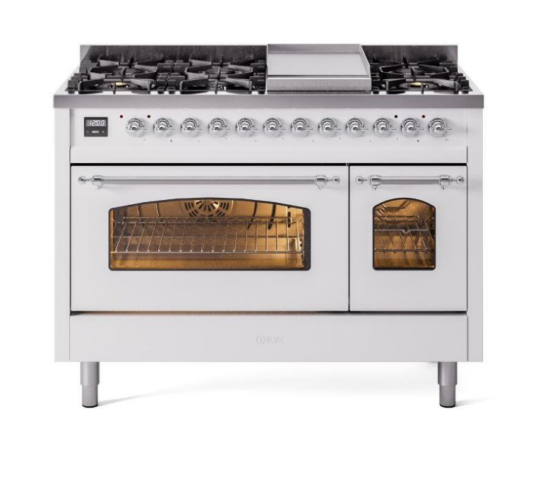 ILVE Nostalgie II 48" Dual Fuel Liquid Propane Range, White, Chrome Trim UP48FNMPWHCLP ILVE