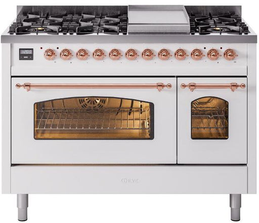 ILVE Nostalgie II 48" Dual Fuel Natural Gas Range, White, Copper Trim UP48FNMPWHP ILVE