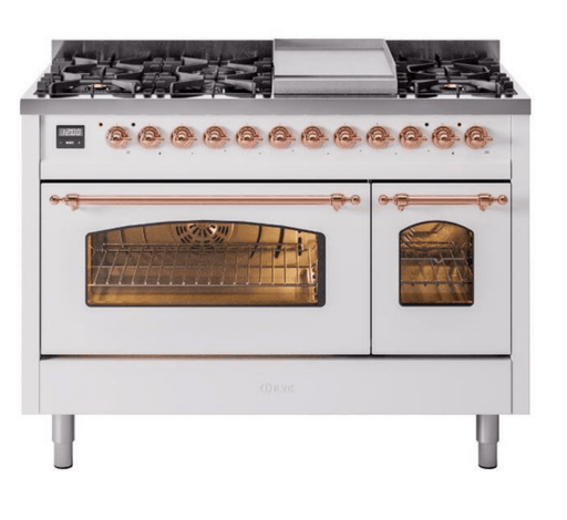 ILVE Nostalgie II 48" Dual Fuel Natural Gas Range, White, Copper Trim UP48FNMPWHP ILVE