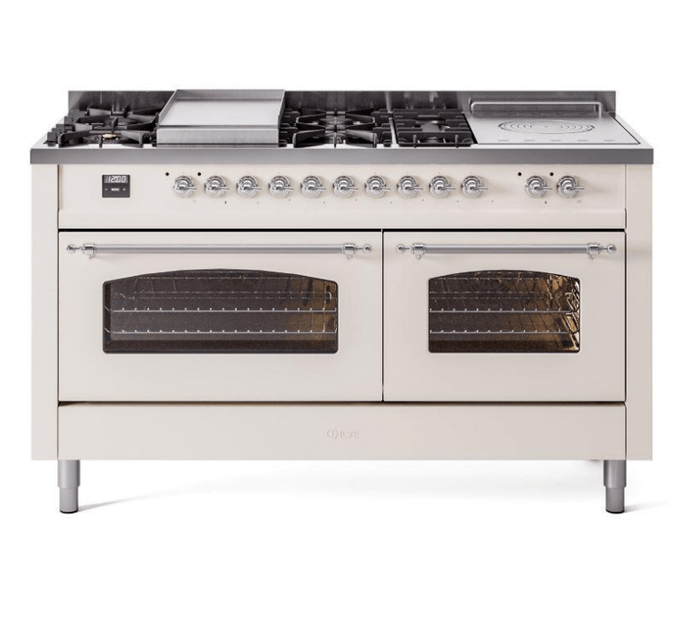 ILVE Nostalgie II 60" Dual Fuel Natural Gas Range, Antique White, Chrome Trim UP60FSNMPAWC ILVE