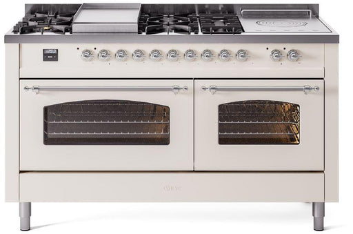 ILVE Nostalgie II 60" Dual Fuel Natural Gas Range, Antique White, Chrome Trim UP60FSNMPAWC ILVE
