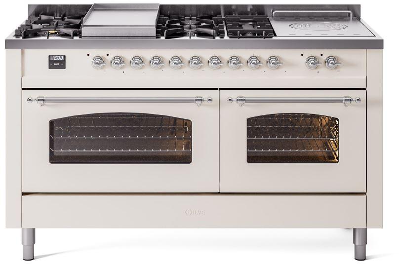 ILVE Nostalgie II 60" Dual Fuel Natural Gas Range, Antique White, Chrome Trim UP60FSNMPAWC ILVE