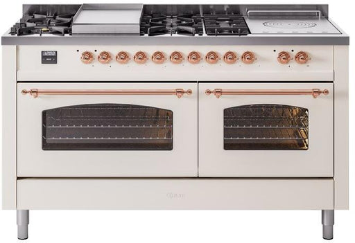 ILVE Nostalgie II 60" Dual Fuel Natural Gas Range, Antique White, Copper Trim UP60FSNMPAWP ILVE