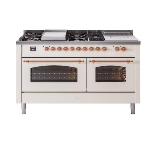 ILVE Nostalgie II 60" Dual Fuel Natural Gas Range, Antique White, Copper Trim UP60FSNMPAWP ILVE