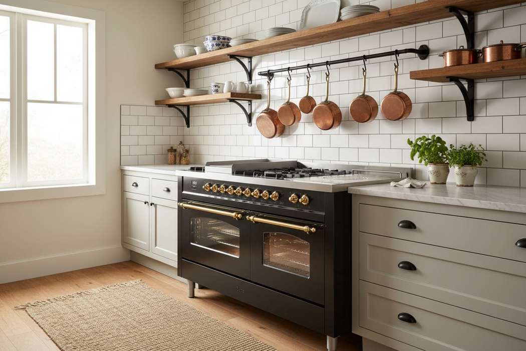 ILVE Nostalgie II 60" Dual Fuel Liquid Propane Range, Glossy Black, Brass Trim UP60FSNMPBKGLP