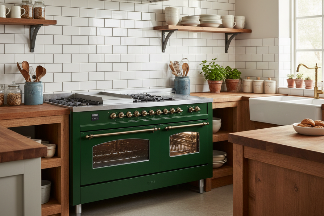 ILVE Nostalgie II 60" Dual Fuel Natural Gas Range, Emerald Green, Bronze Trim UP60FSNMPEGB