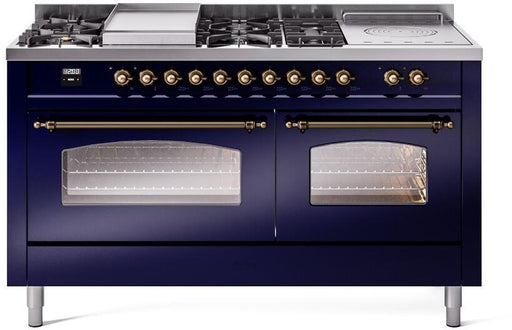 ILVE Nostalgie II 60" Dual Fuel Natural Gas Range, Blue, Bronze Trim UP60FSNMPMBB ILVE
